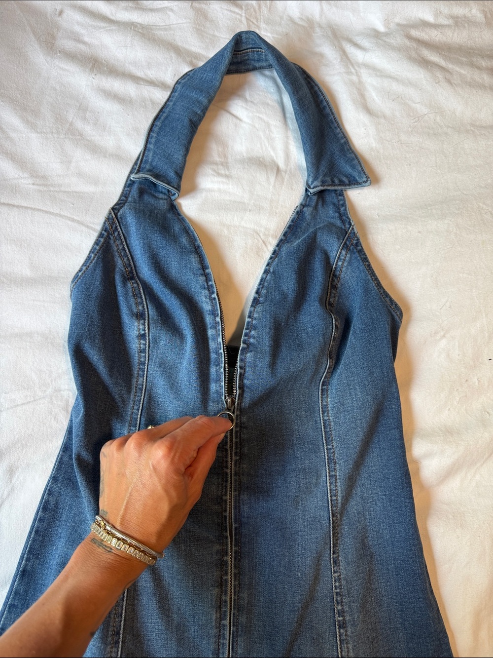 Denim Halter Zip-Front Dress in Medium Blue - Picture 4 of 4